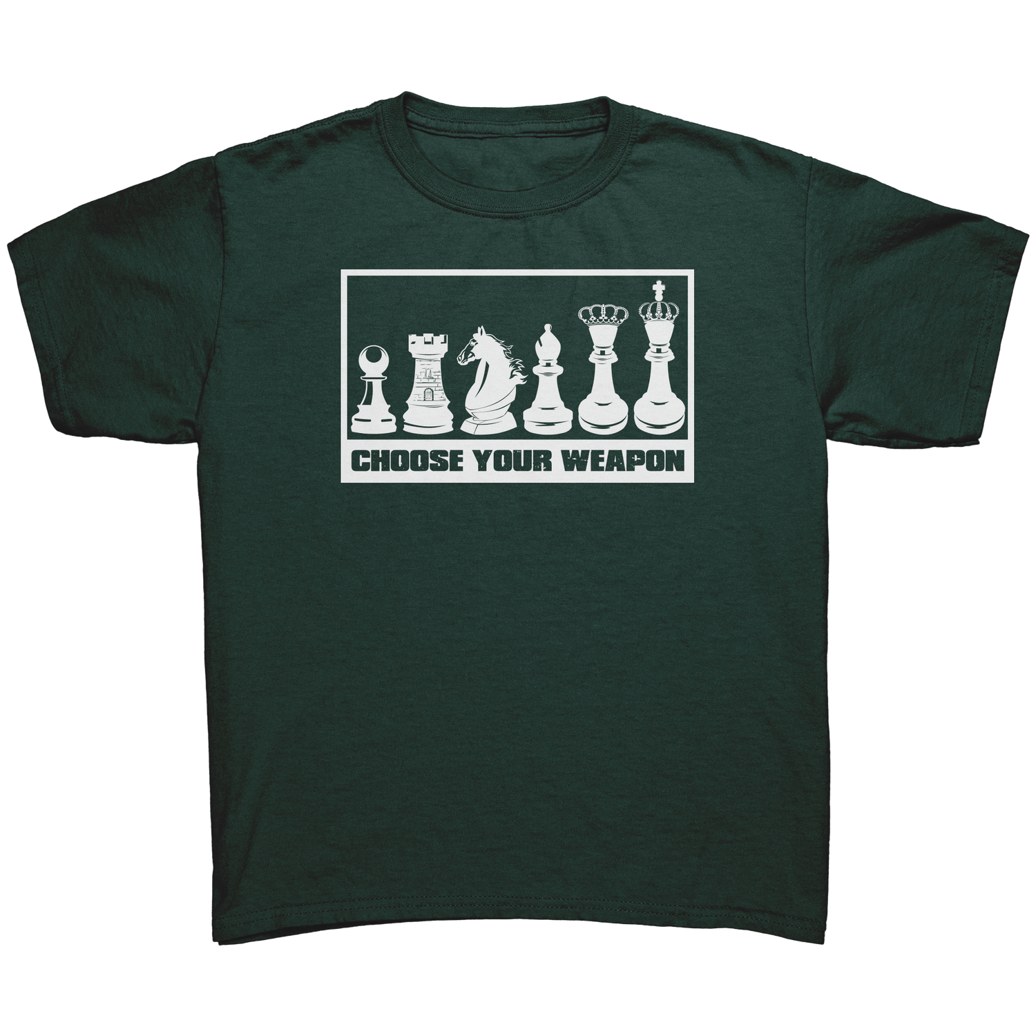 Choose_your_weapon_-_youth_chess_T-shirt_Forest_Green_Mockup.png