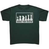 Choose_your_weapon_-_youth_chess_T-shirt_Forest_Green_Mockup.png