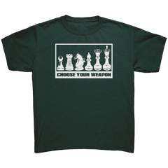 Choose_your_weapon_-_youth_chess_T-shirt_Forest_Green_Mockup.png