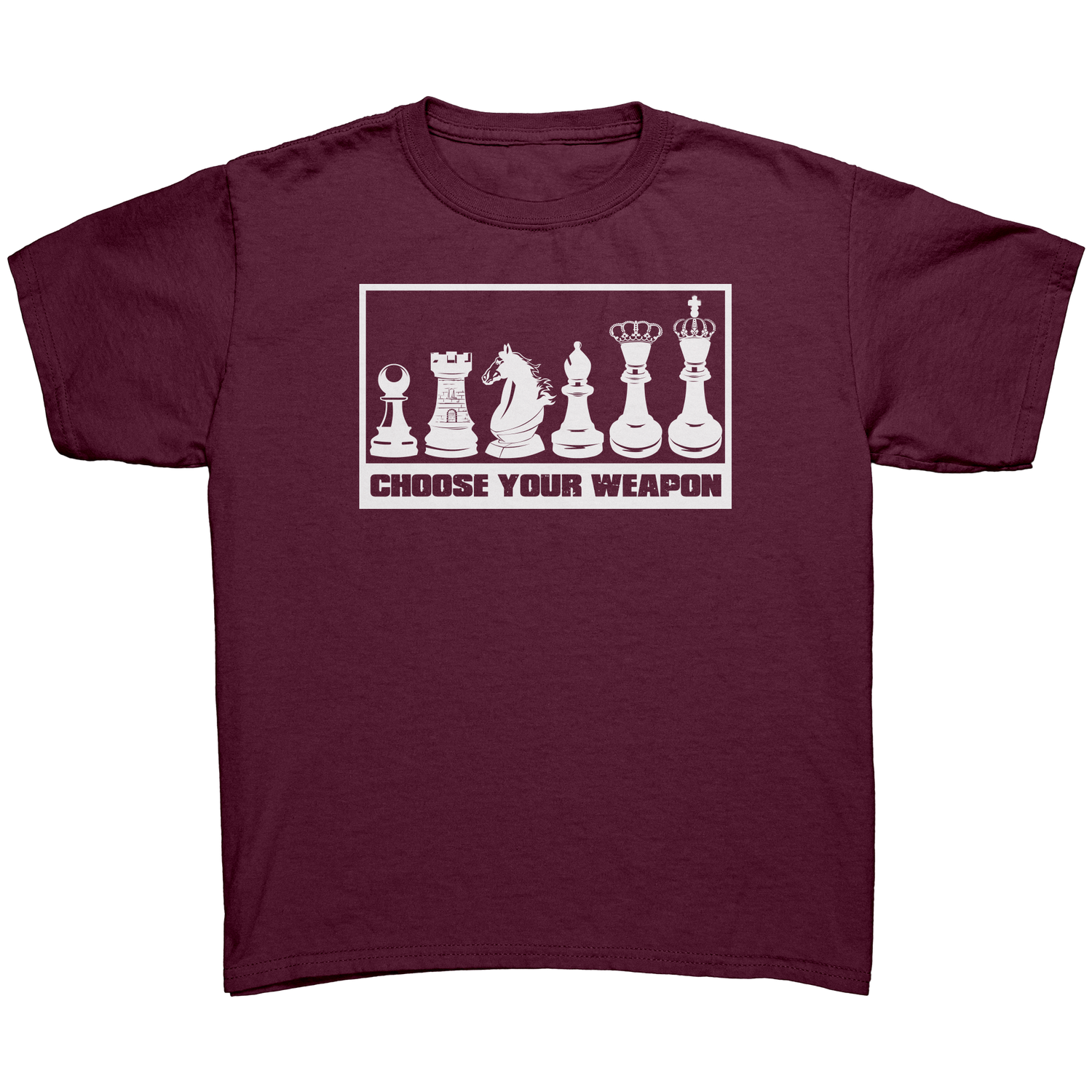 Choose_your_weapon_-_youth_chess_T-shirt_Maroon_Mockup.png