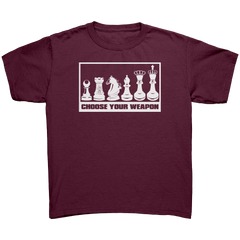 Choose_your_weapon_-_youth_chess_T-shirt_Maroon_Mockup.png