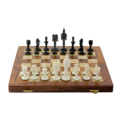 Hand-Carved Bone and Wood Travel Chess Set