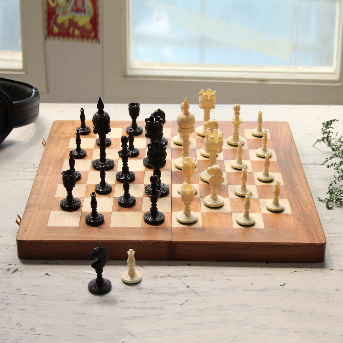 Hand-Carved Bone and Wood Travel Chess Set