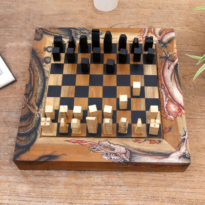 Handcrafted Wood Chess Set from Bali, "Basuki"