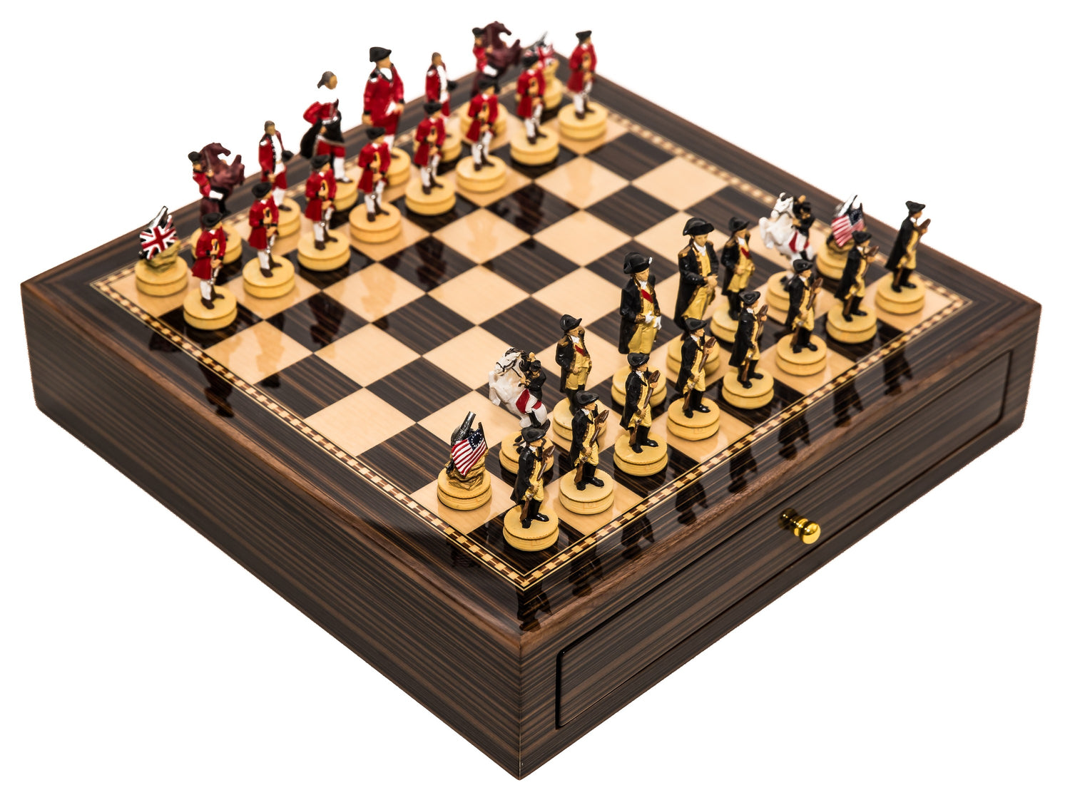 American War of Independence Hand-Painted Chess Set with Deluxe Storage Board