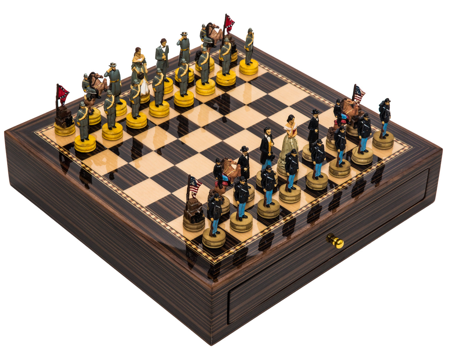 American Civil War Hand-Painted Chess Set with Deluxe Storage Board