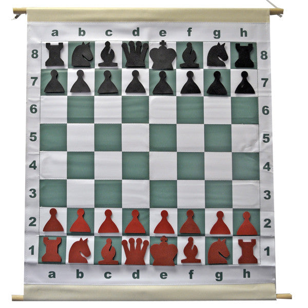 Magnetic Chess Demo Board with Red and Black Pieces and Bag