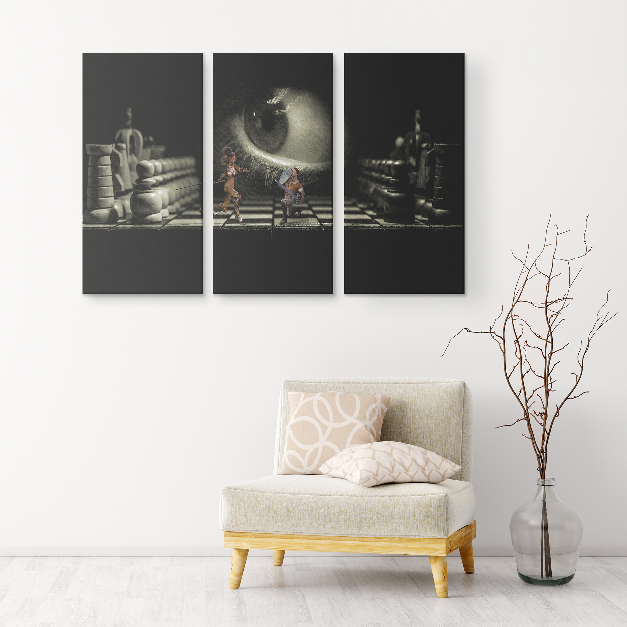 The battle of love and chess - 3 Piece Canvas wall art