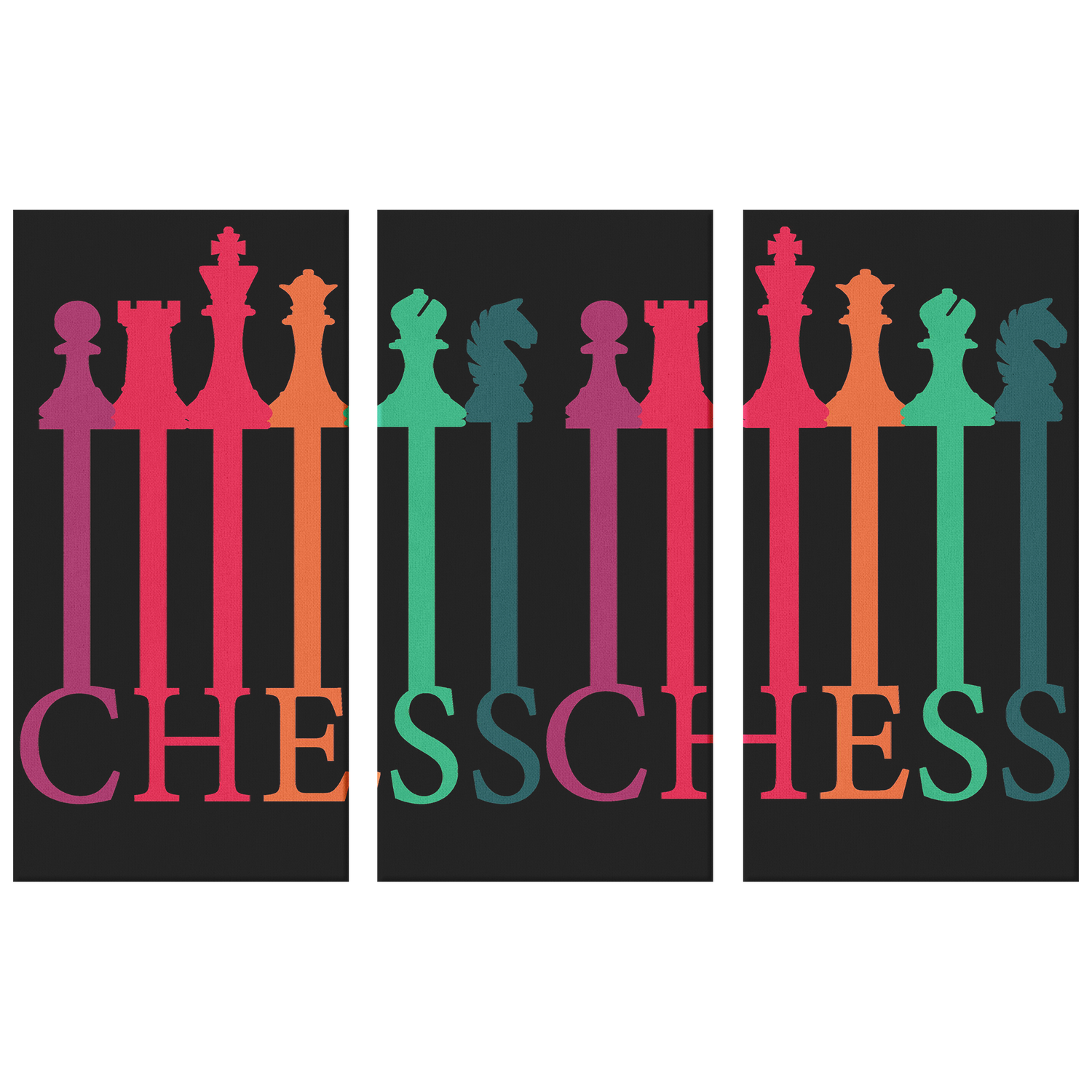 Chess connected colorful pieces - 3 piece canvas wall art