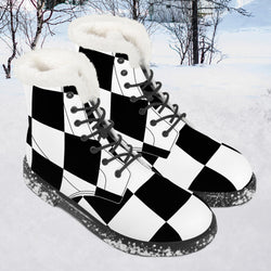 Black and White Chess board pattern Faux Fur Leather Boots