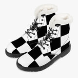 Black and White Chess board pattern Faux Fur Leather Boots