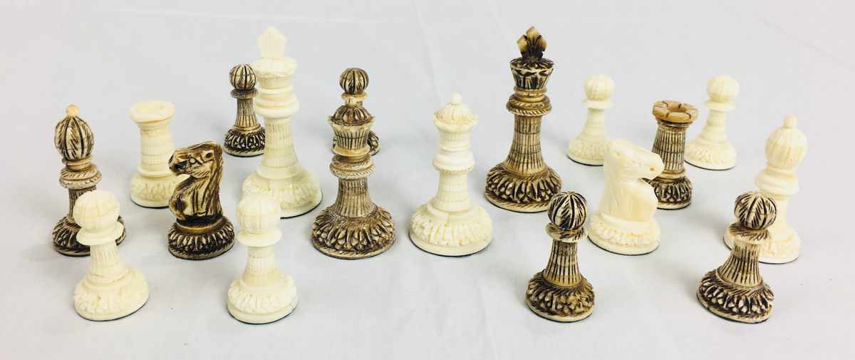 Carved Camel Bone Chess Pieces with Storage Box
