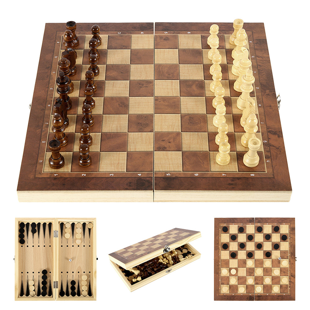 3 in 1 Foldable chess, checkers and backgammon wooden board game set