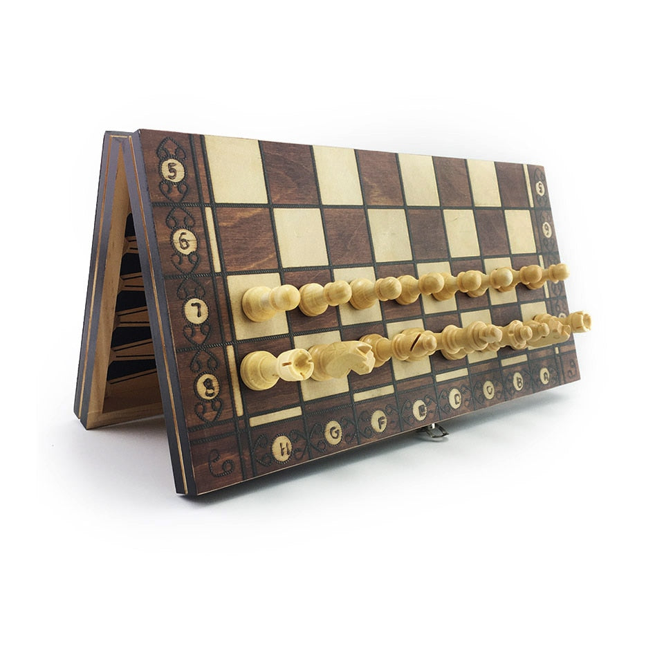 3 in 1 Magnetic Foldable chess, checkers and backgammon wooden board game set with Decorated and Marked borders