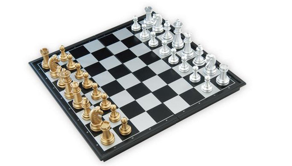 Folding Travel Chessboard with Golden and Silver Magnetic Plastic Chess Pieces
