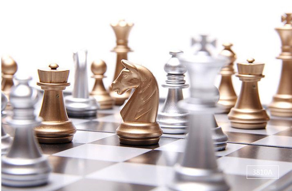 Folding Travel Chessboard with Golden and Silver Magnetic Plastic Chess Pieces