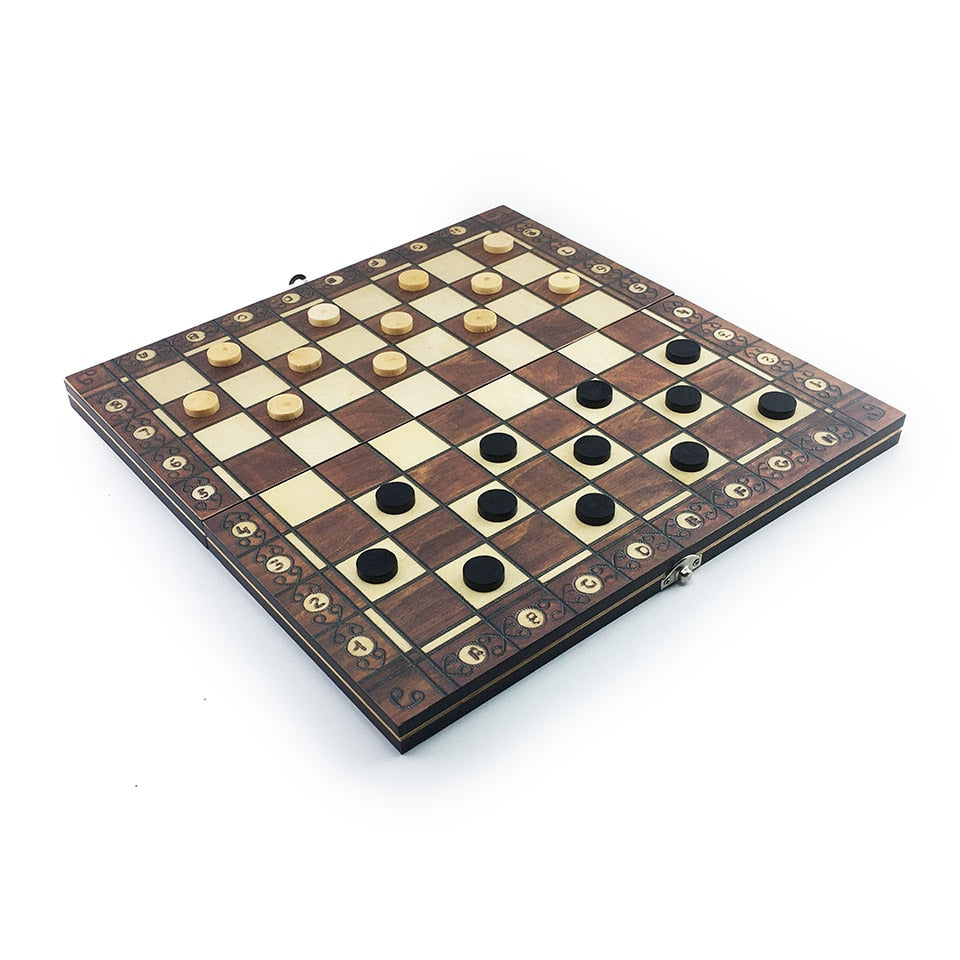 3 in 1 Magnetic Foldable chess, checkers and backgammon wooden board game set with Decorated and Marked borders