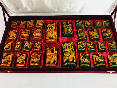 Painted Wood Small Maharaja Chess Pieces with Storage Box