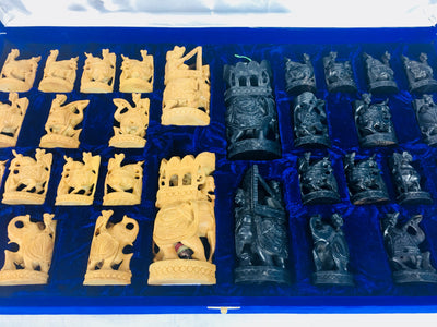 Indian Battlefield Carved Sandalwood and Ebony wood chess pieces with Storage