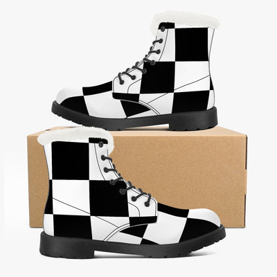 Black and White Chess board pattern Faux Fur Leather Boots