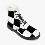 Black and White Chess board pattern Faux Fur Leather Boots