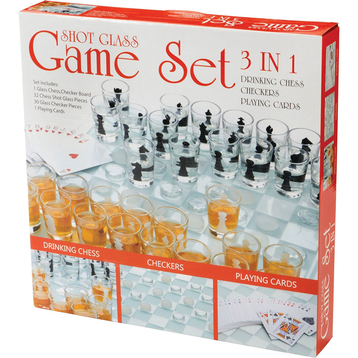 3-in-1 Shot Glass Chess, Checkers and Poker set
