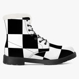 Black and White Chess board pattern Faux Fur Leather Boots