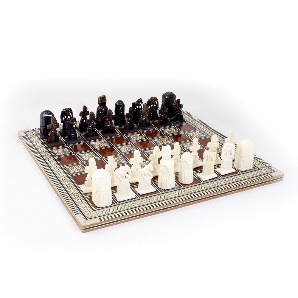 Egyptian Mother Of Pearl Chess Set with hand carved bone pieces