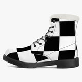 Black and White Chess board pattern Faux Fur Leather Boots