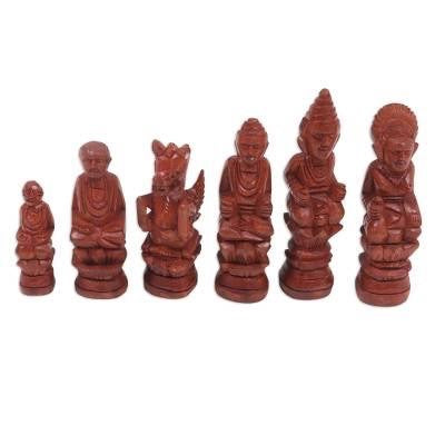 Buddha and Monks Cempaka wood Carved Chess Set