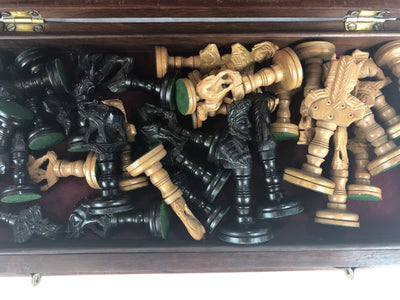 Sandal and Ebony Wood Chess Pieces with Decorative Storage