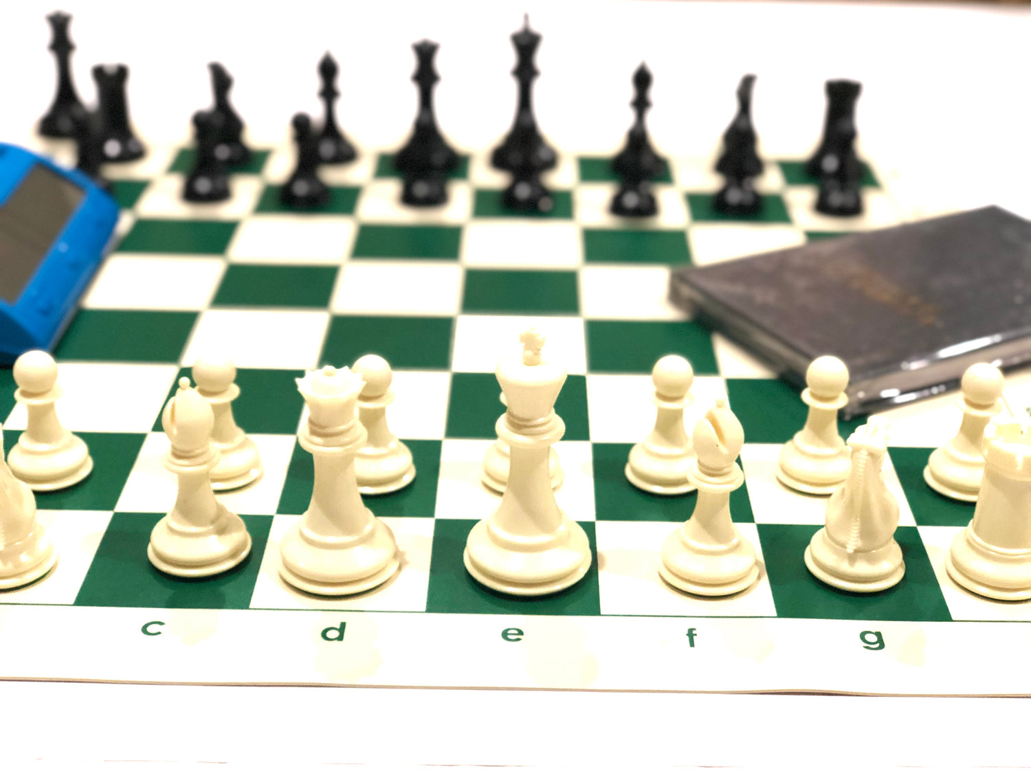 Complete chess starter pack with clock, vinyl board, bag, scoring book and tournament chess pieces
