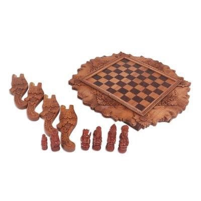 Buddha and Monks Cempaka wood Carved Chess Set