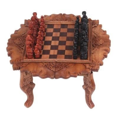 Buddha and Monks Cempaka wood Carved Chess Set