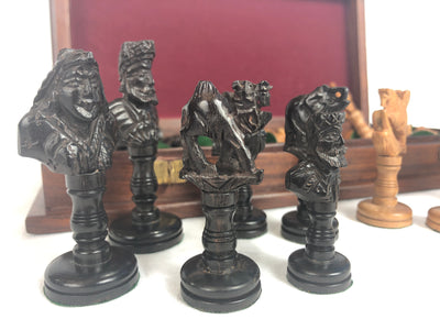 Sandal and Ebony Wood Chess Pieces with Decorative Storage
