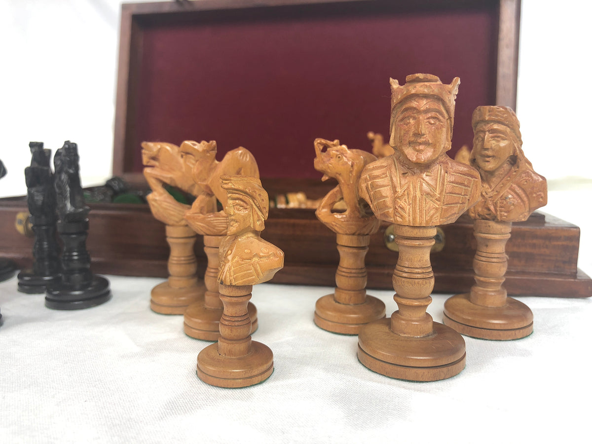 Sandal and Ebony Wood Chess Pieces with Decorative Storage