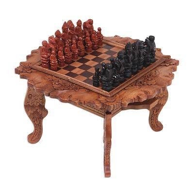 Buddha and Monks Cempaka wood Carved Chess Set