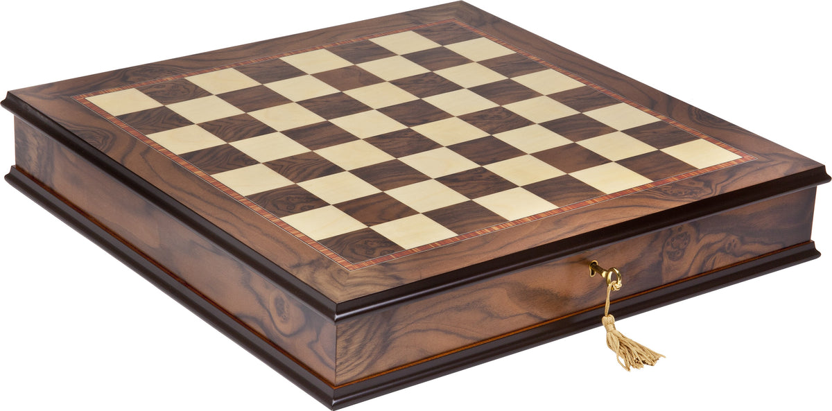 Inlaid Maple Walnut Mahogany chess board with storage - Handmade in Italy
