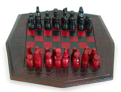 African Battle Wood and Leather Chess Set