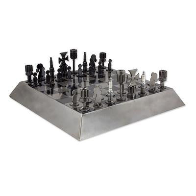 Artisan Crafted Recycled Metal Chess Set Game, 'Rustic Pyramid'