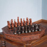 Tooled Leather and Mohena Wood Colonial Octagon Chess Set