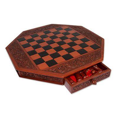 Tooled Leather and Mohena Wood Colonial Octagon Chess Set