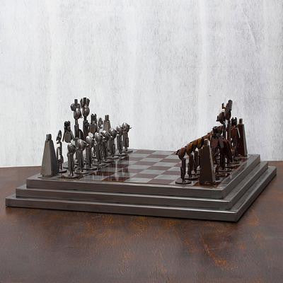 Rustic Chess Set Made Using Recycled Car Parts, 'Pre-Hispanic Battle in Brown'