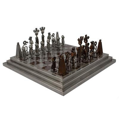 Rustic Chess Set Made Using Recycled Car Parts, 'Pre-Hispanic Battle in Brown'