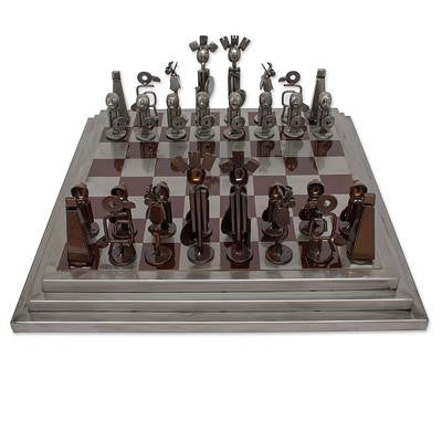 Rustic Chess Set Made Using Recycled Car Parts, 'Pre-Hispanic Battle in Brown'