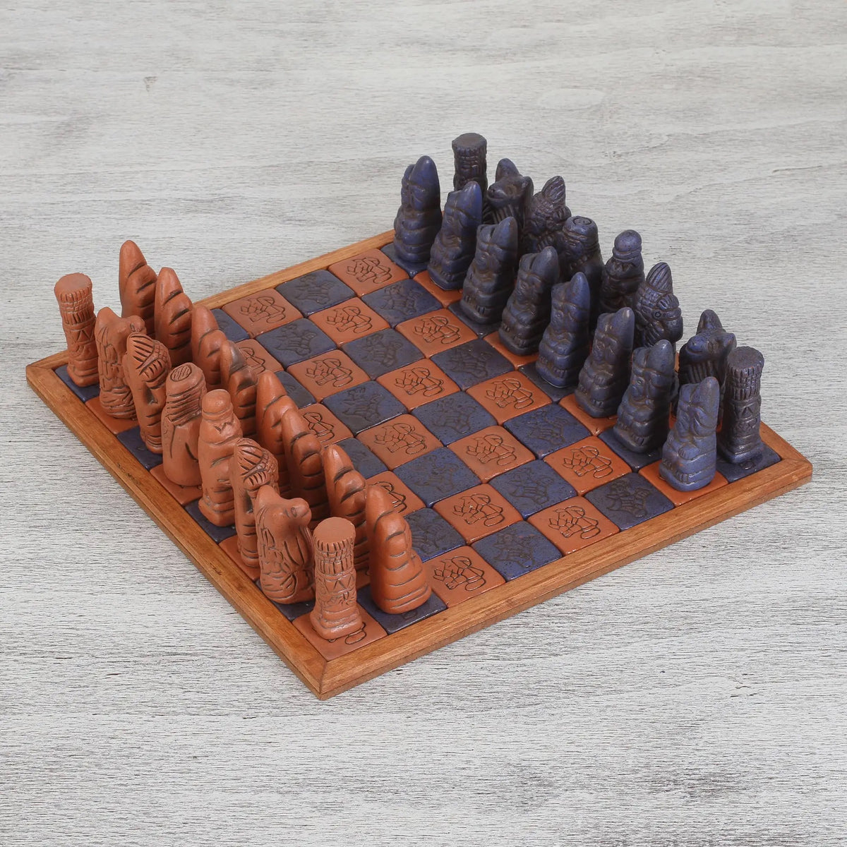 Ceramic and Wood Chess Set in Black and Brown - Hand made in Mexico