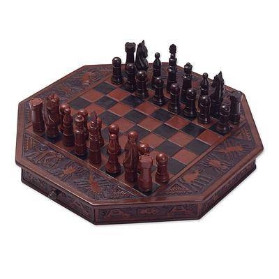 Tooled Leather and Mohena Wood Embossed Chess Set