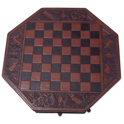Tooled Leather and Mohena Wood Embossed Chess Set