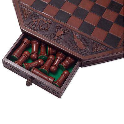 Tooled Leather and Mohena Wood Embossed Chess Set