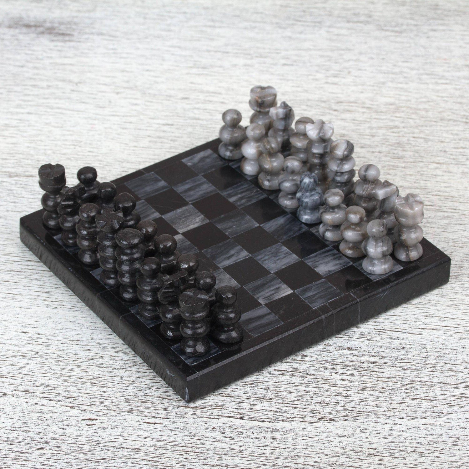 Handcrafted Mini Marble Chess Set in Black and Grey